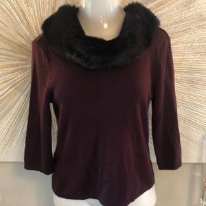 KATHY IRELAND BLACK FAUX FUR BURGUNDY SWEATER